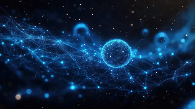 Glowing blue digital network sphere with connected nodes and light lines over a dark space background.
