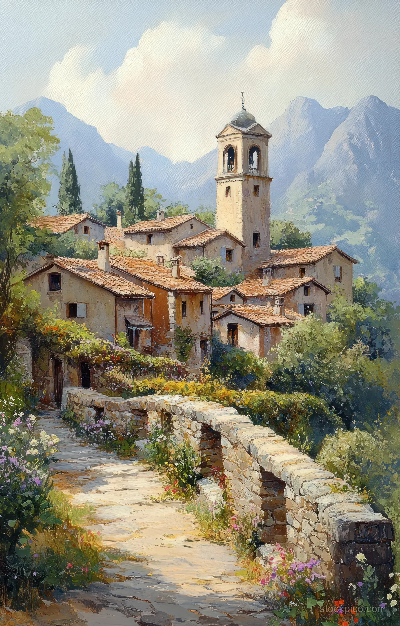 Watercolor view of a hillside village with a church tower, stone bridge, and pastel cottages under mountains.