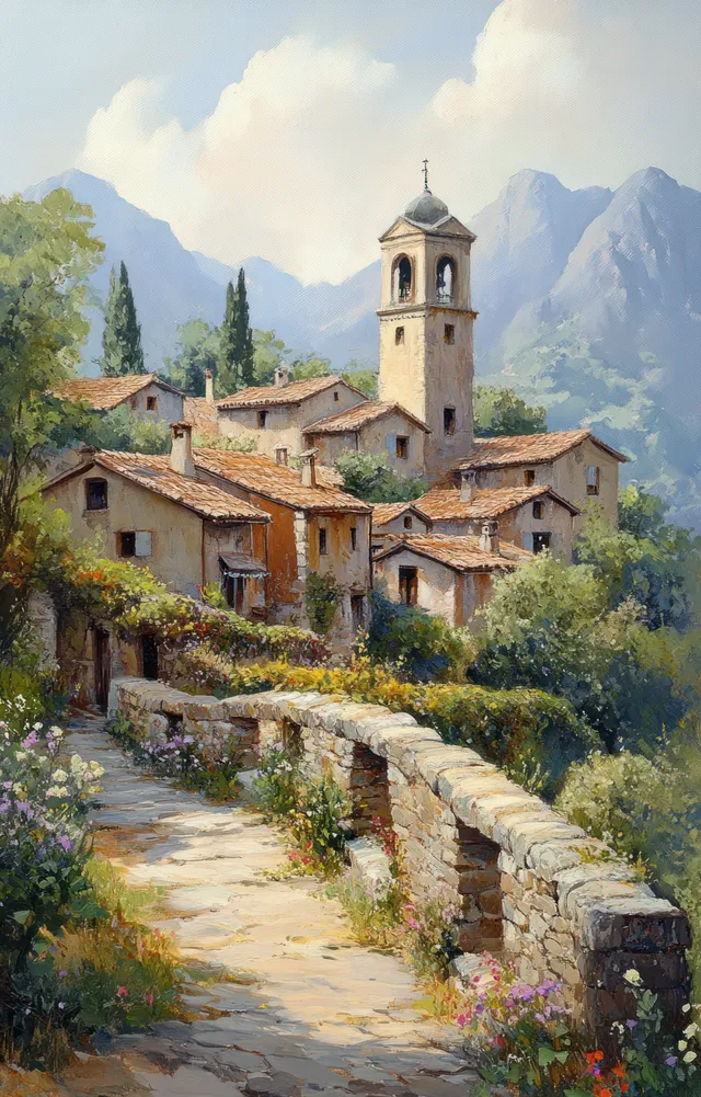 Watercolor view of a hillside village with a church tower, stone bridge, and pastel cottages under mountains.