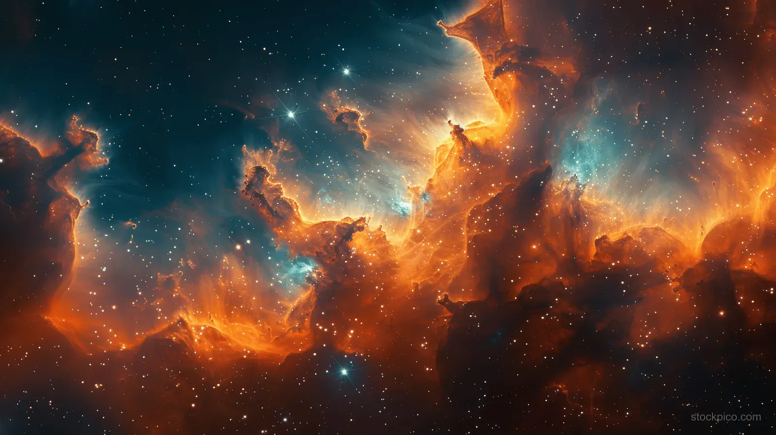 A glowing cosmic nebula with orange and blue smoke-like clouds and scattered stars against a dark space background.