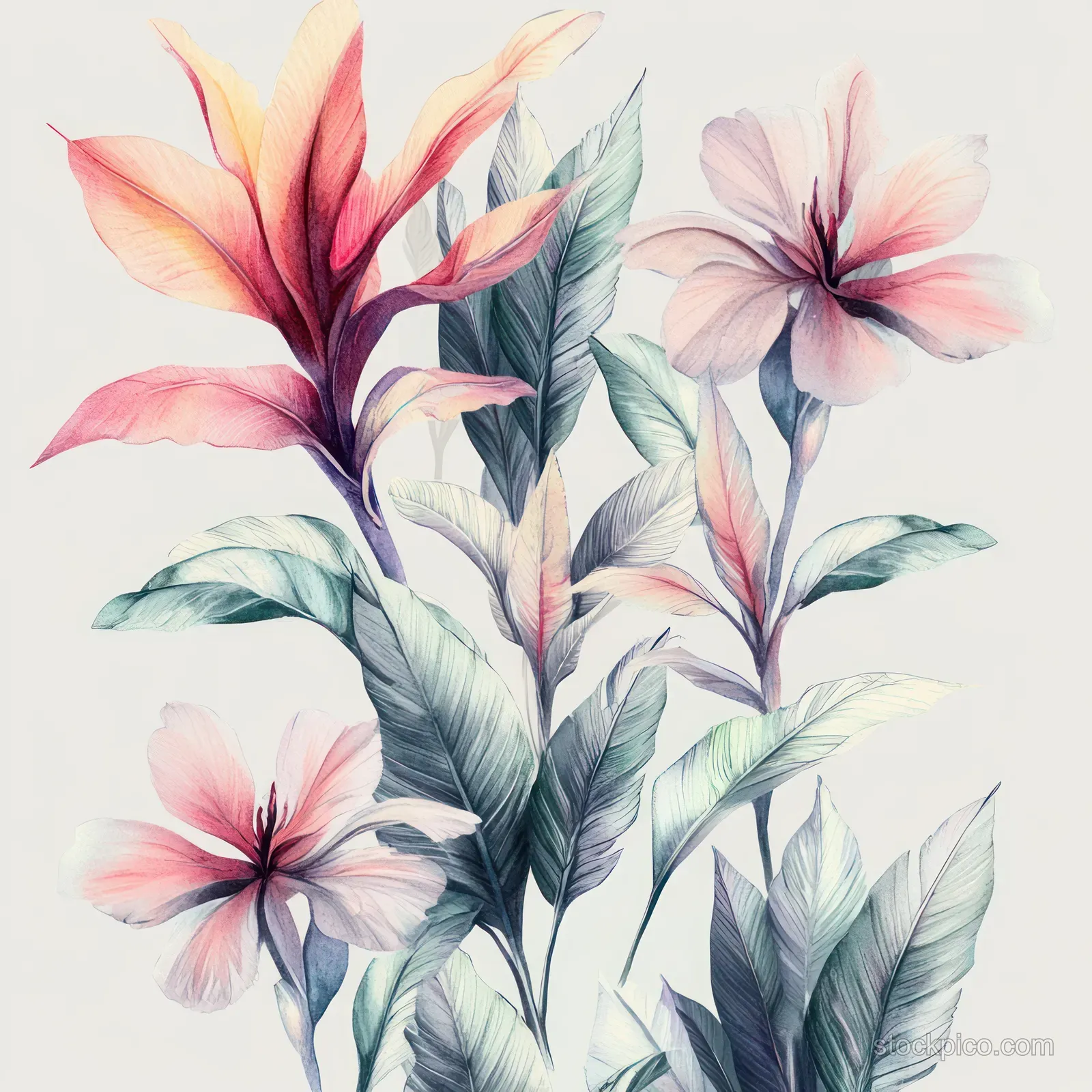 Pastel watercolor tropical plants with orchids and banana-like leaves alongside soft flamingo accents.