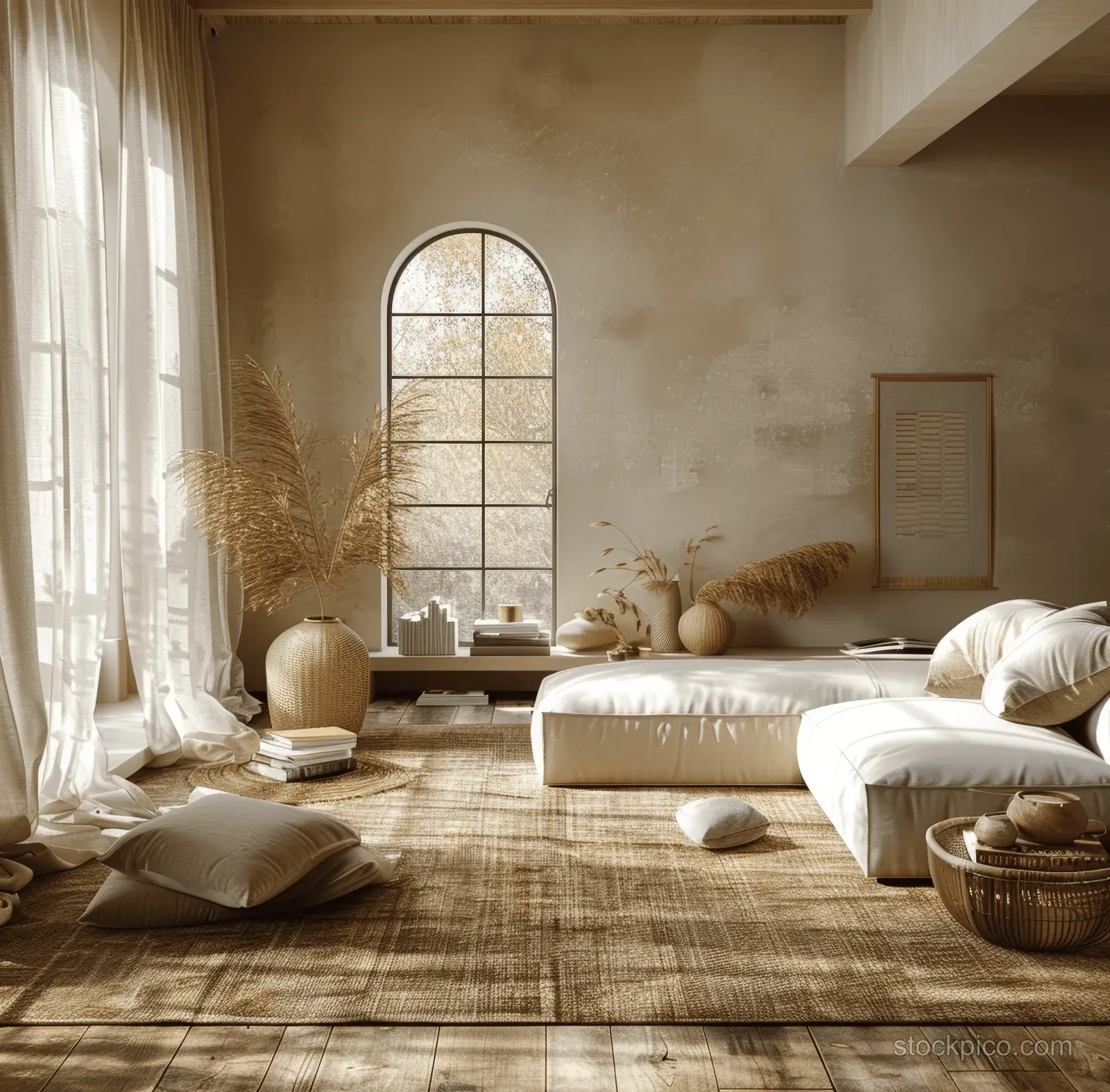 Japandi living room with a sofa, side table, stacked books and vases, and warm light through a tall window.