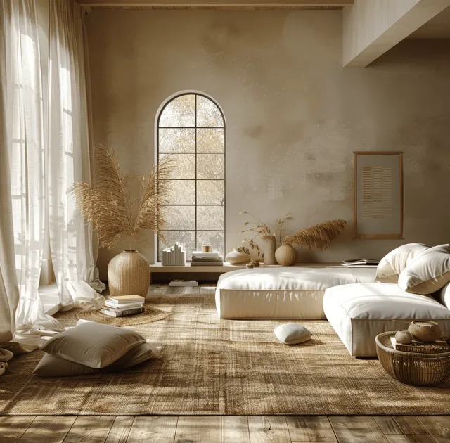 Japandi living room with a sofa, side table, stacked books and vases, and warm light through a tall window.