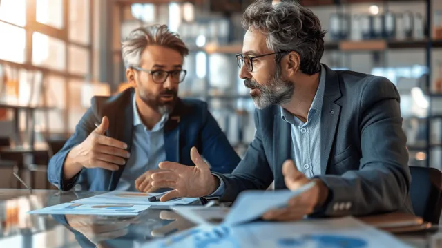 Two businessmen in suits discuss strategy over documents at an office conference table.