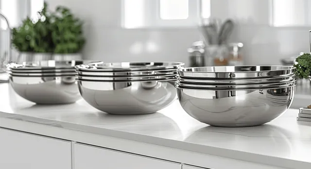 Stainless Steel Bowls and Plates on White Kitchen Counter