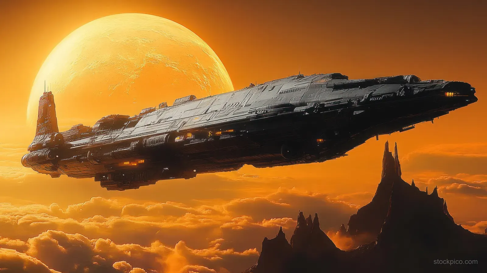 A futuristic spaceship flies above orange clouds with rocky mountain silhouettes under a glowing full moon.