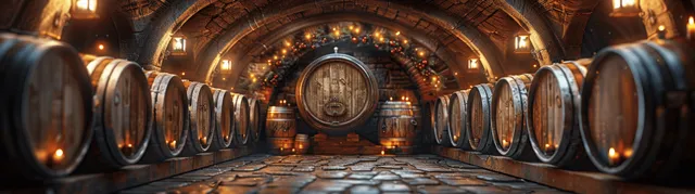 A person explores an underground beer tunnel with rows of wooden barrels beneath stone arches and warm torchlight.