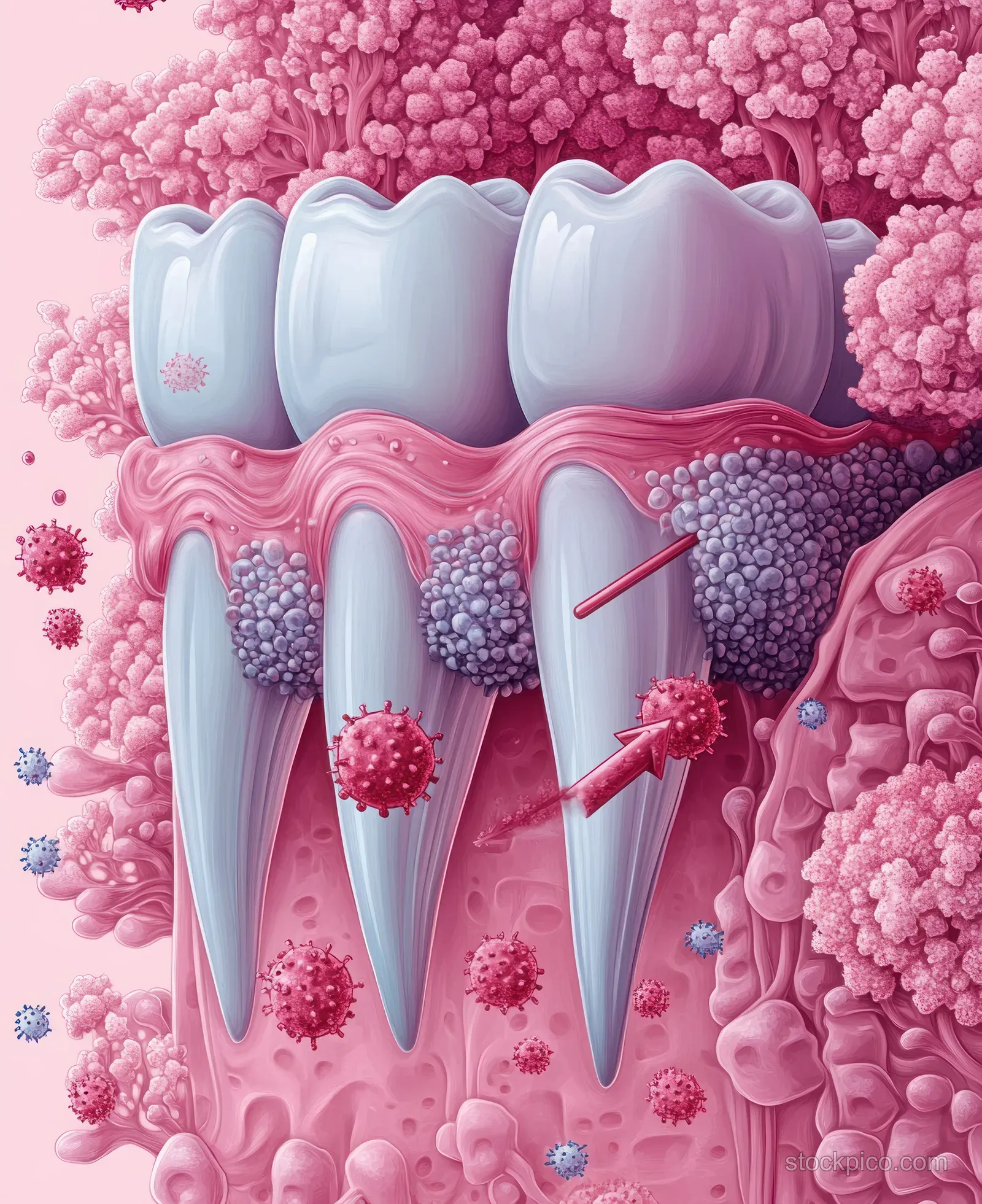 Cross-section view of teeth and gums with pink bacteria clusters blocked by a protective barrier.