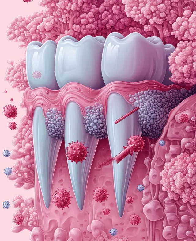 Cross-section view of teeth and gums with pink bacteria clusters blocked by a protective barrier.