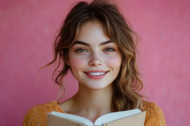 Smiling young woman with wavy hair holds an open book against a pink textured background.