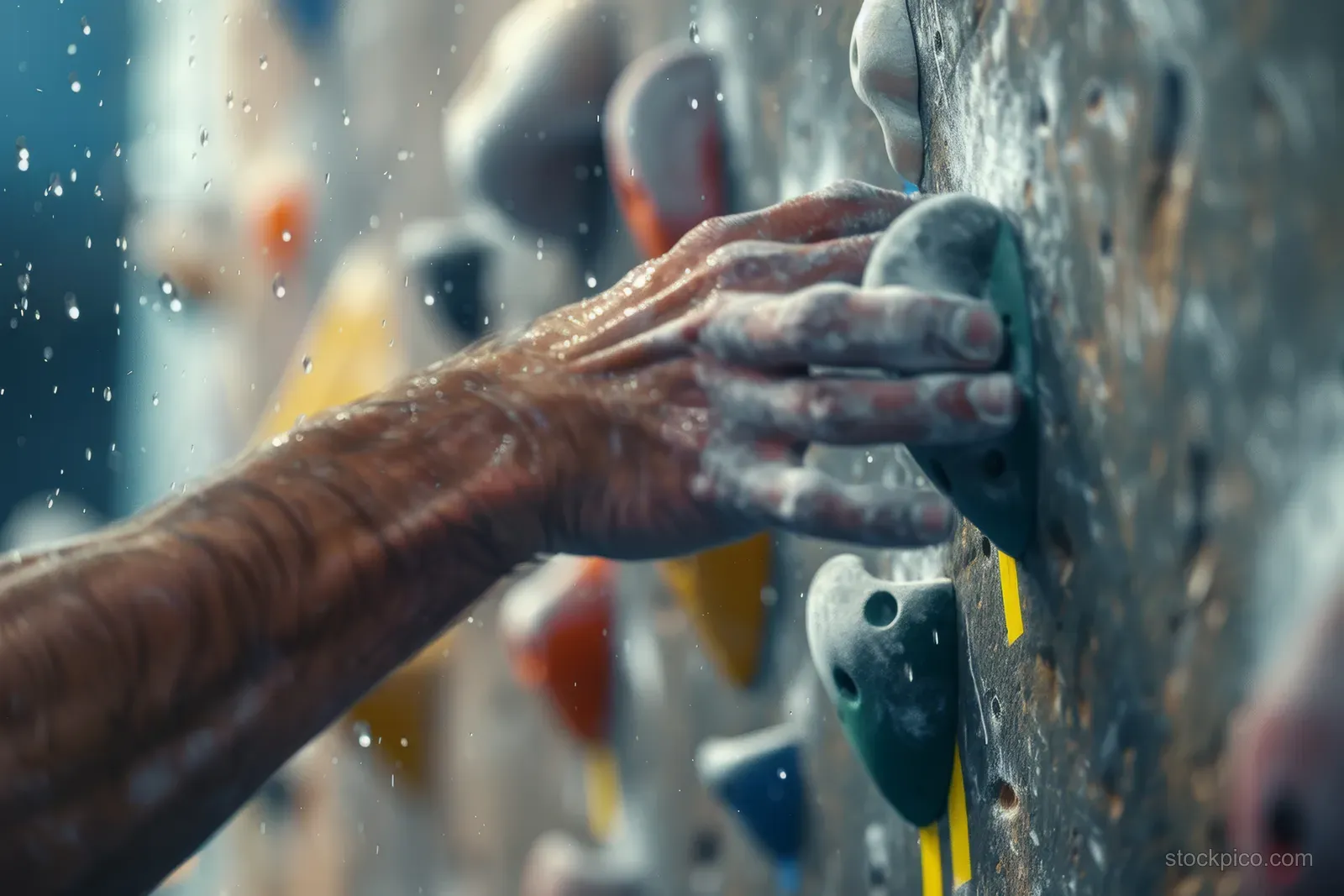 Chalky hands grip a climbing wall hold as a competitor pulls forward during a climbing event.