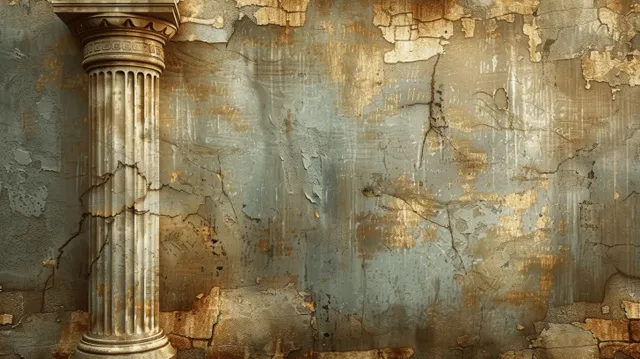 An ancient column stands beside a cracked, weathered marble wall with faded classical ornament texture.
