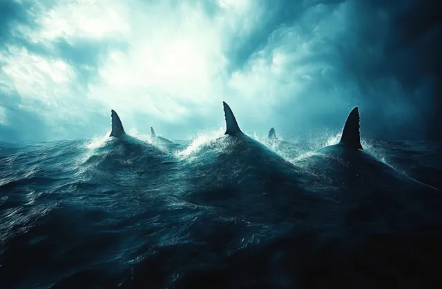 Several shark fins protrude from churning dark ocean waves under stormy gray clouds.