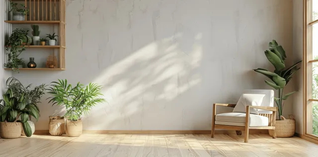 Sunlit Scandinavian living room corner with armchair, potted plants, wooden shelves, and a white wall.