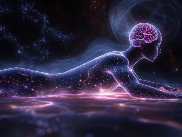 Reclining meditating figure with glowing brain-like neural pathways swirling into a starry cosmic vortex.