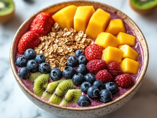 Colorful smoothie bowl in a ceramic bowl topped with blueberries, strawberries, raspberries, kiwi, mango, and granola.