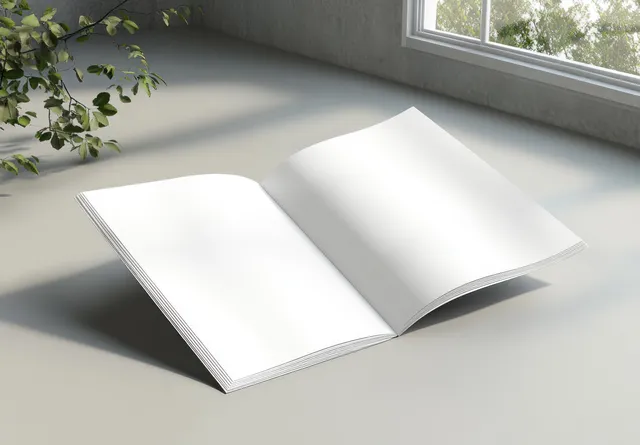 Open blank brochure lies on a soft gray surface, lit by natural window light with sharp folded pages.