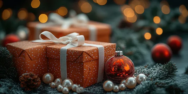 Orange gift boxes with white ribbons, red ornament, and pearls on pine greenery