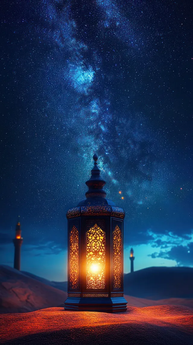 Warmly glowing ornate lantern on desert sand with a starry Milky Way and distant minarets at twilight.