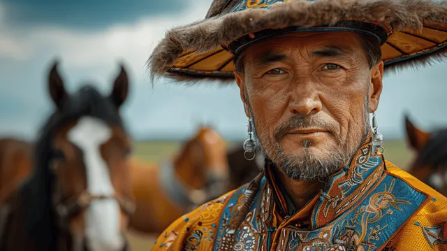 A Mongolian Naadam rider in an embroidered traditional outfit stands with horses blurred in the background.