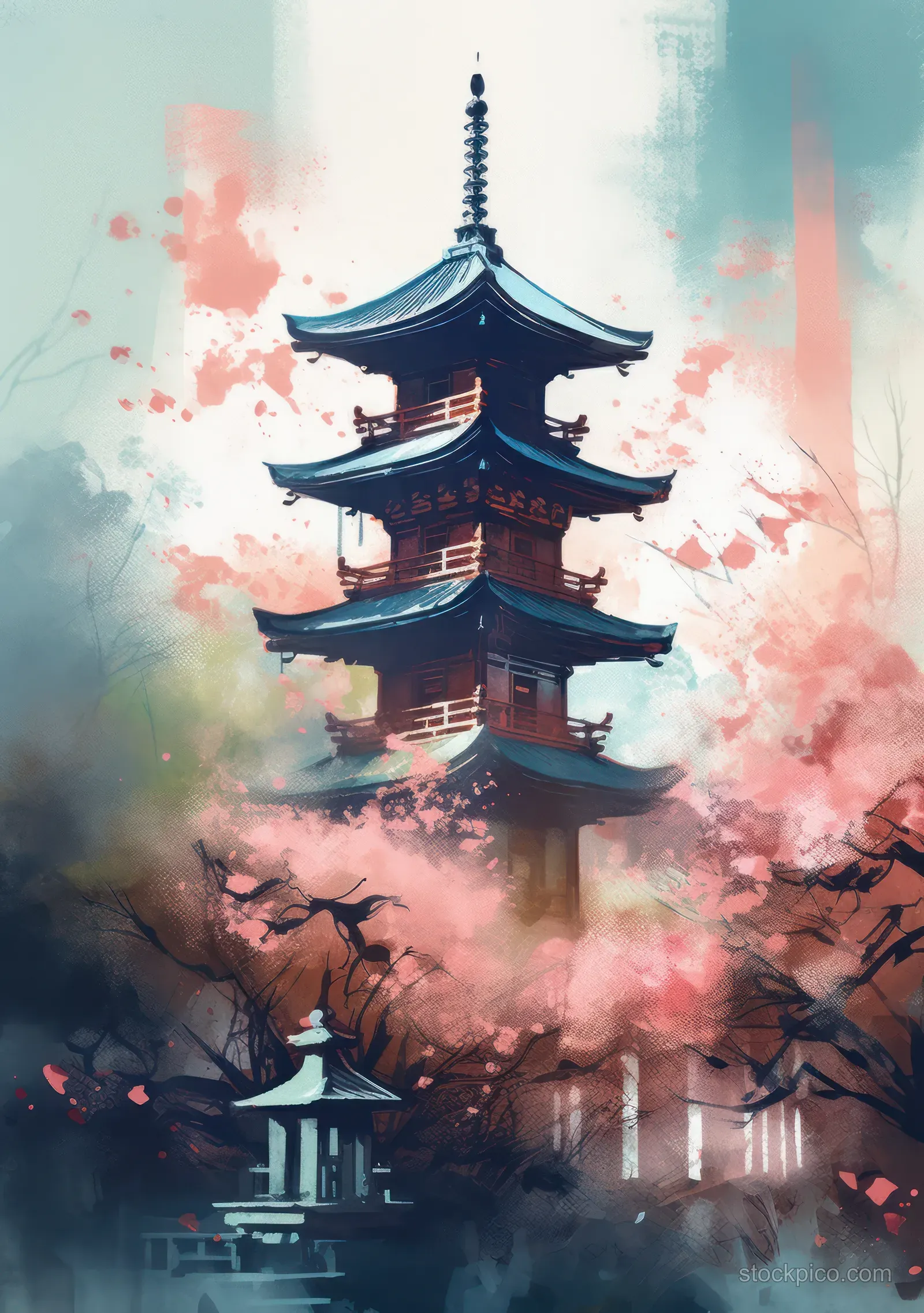 Watercolor painting of a Japanese pagoda framed by cherry blossom branches and pink mist under a blue spring sky.