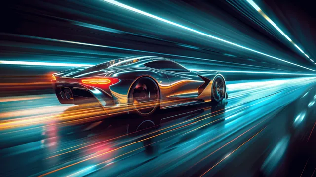 Futuristic sports car races on a neon highway at night with blue light trails and reflective road blur.