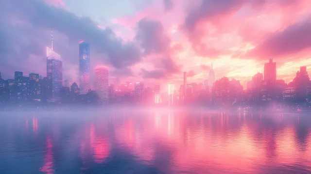 Dawn skyline of misty skyscrapers mirrored on a calm river under pastel pink and purple sky.