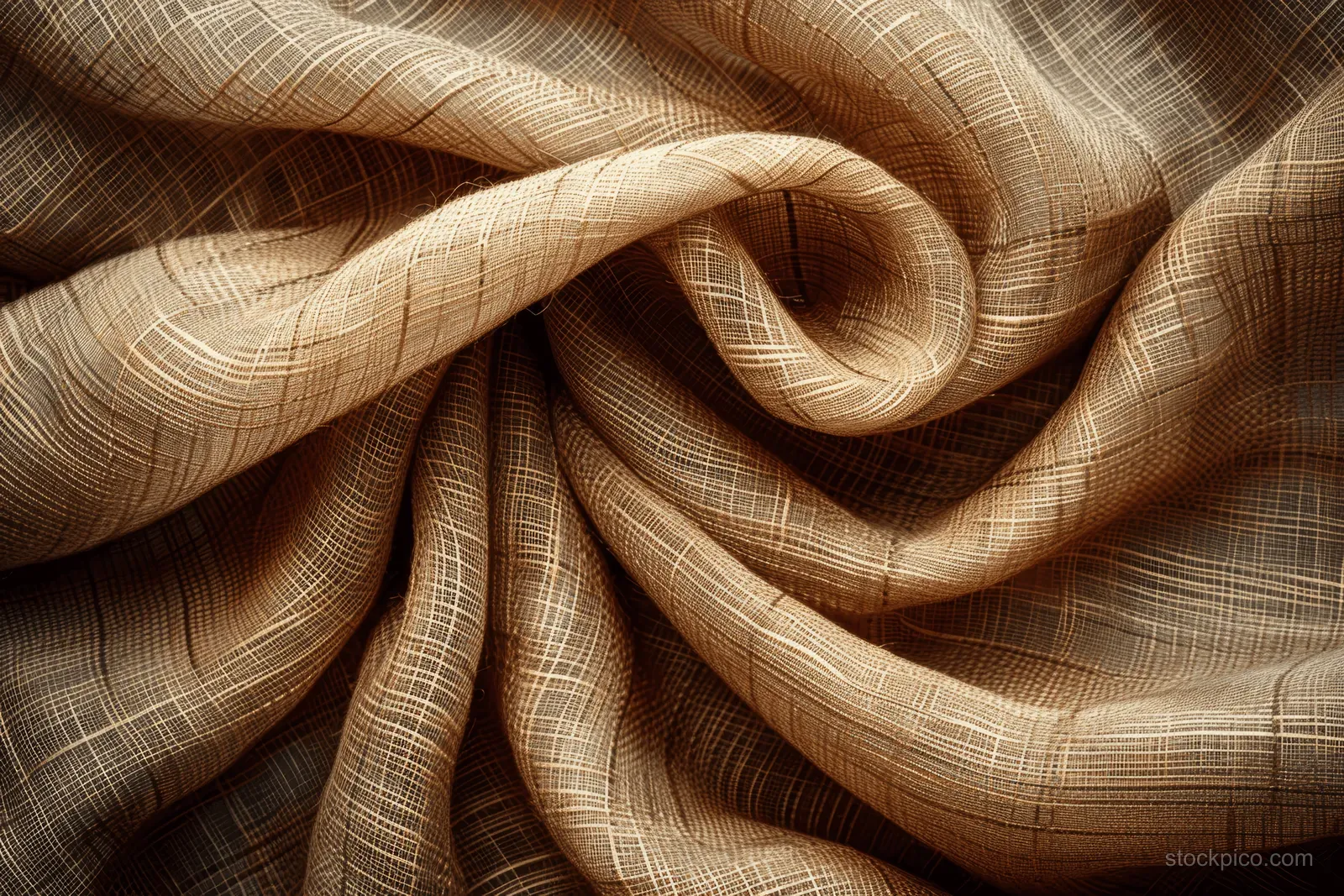 Beige jute hessian sackcloth fabric drapes in close-up, showing woven grid texture and soft folds.