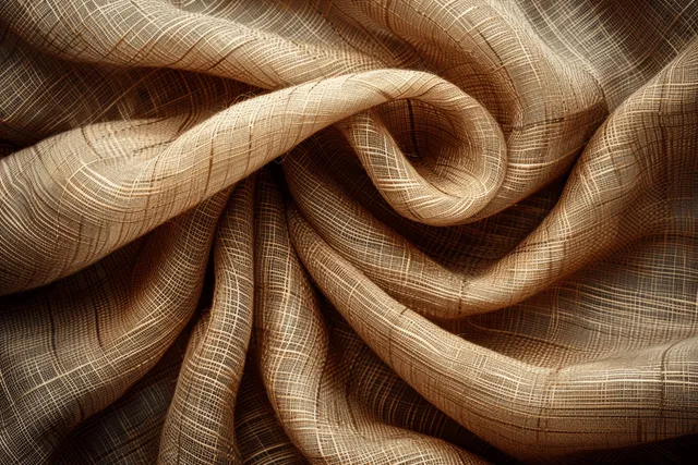 Beige jute hessian sackcloth fabric drapes in close-up, showing woven grid texture and soft folds.