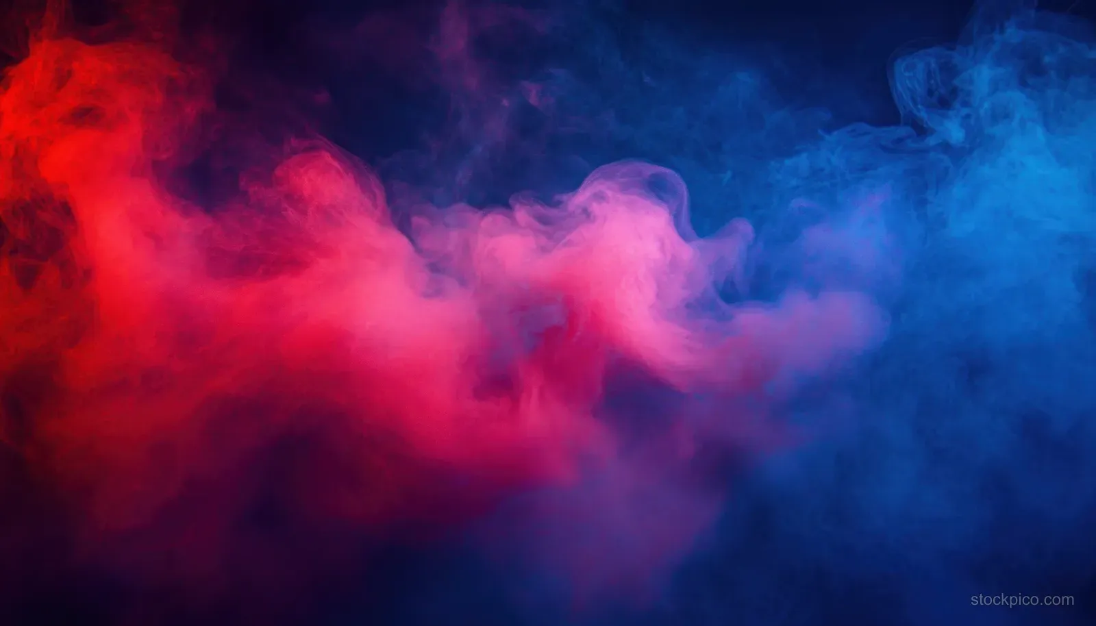 Red and blue smoke clouds swirl across a dark background, forming layered, glowing atmospheres.