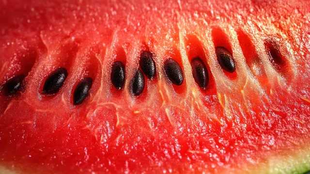 Close-up of a watermelon slice with red flesh and black seeds showing textured juicy surface.