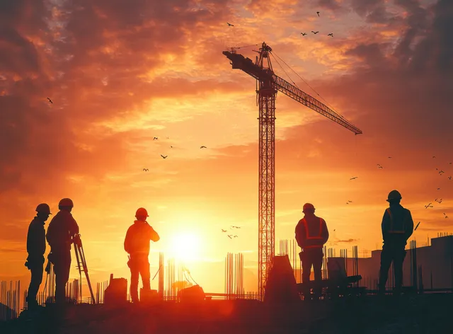 Silhouette survey engineer at sunset guiding construction workers with surveying instruments