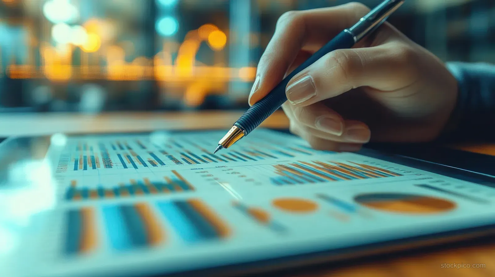 A hand writes with a pen while reviewing colorful financial charts on a tablet with blurred city lights behind.