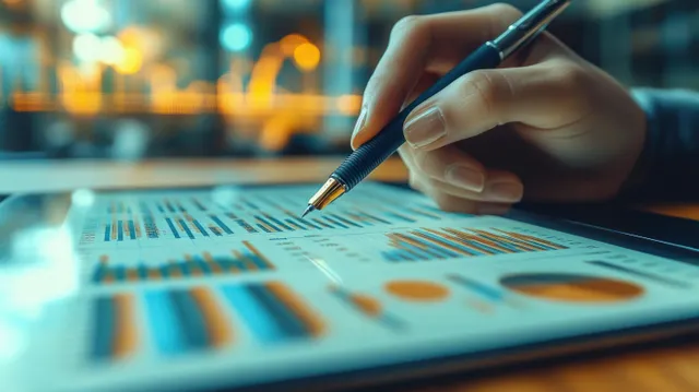 A hand writes with a pen while reviewing colorful financial charts on a tablet with blurred city lights behind.