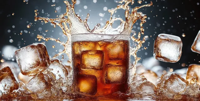 Brown soda in a clear glass with ice cubes splashing and fizzing on dark background
