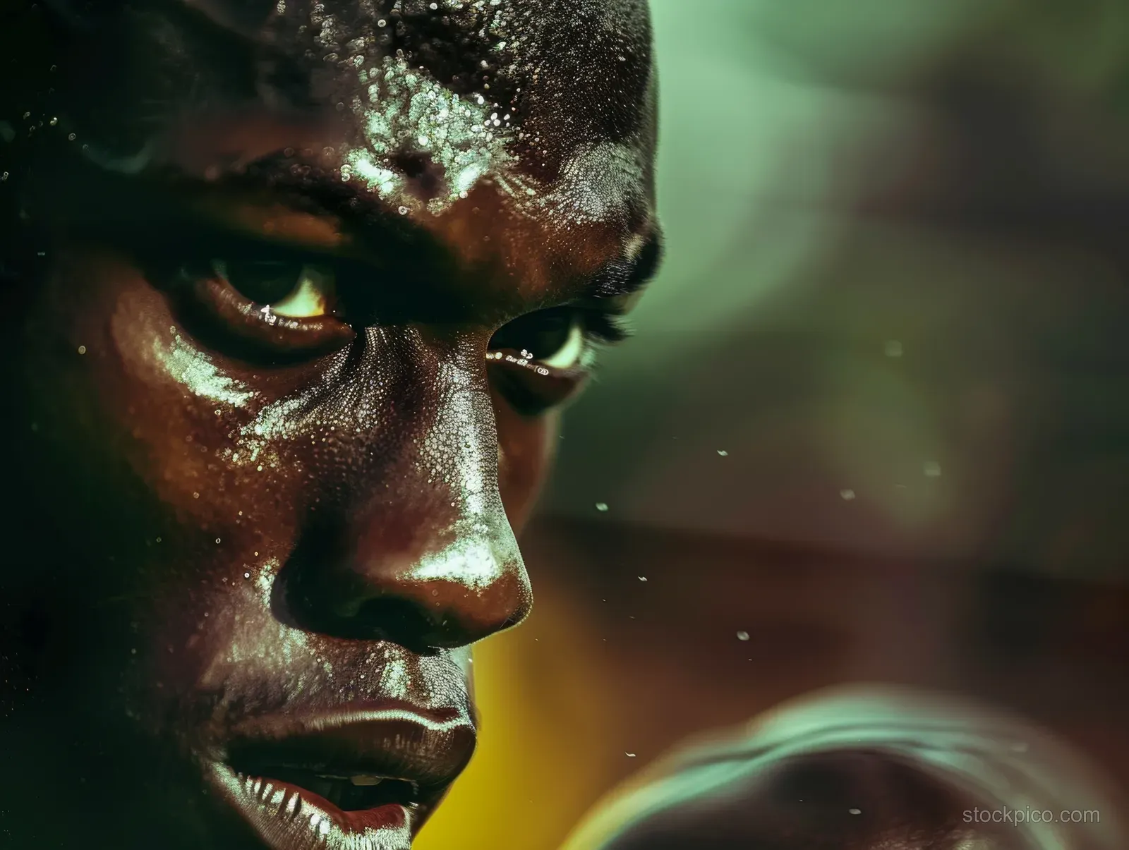 Jamaican sprinter’s close-up face shows focused determination during the final stretch of a relay race.