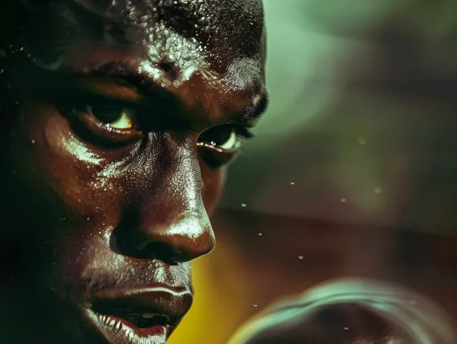 Jamaican sprinter crouched for the relay sprint finish, intense face close-up on track