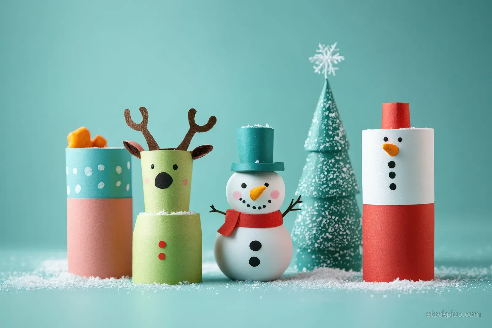 Reindeer and snowman crafts made from painted rolls and paper stand beside a glittery mini Christmas tree on snow.