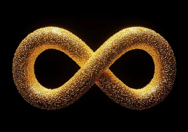 Golden infinity symbol glittering with glowing particle texture on a deep black background.