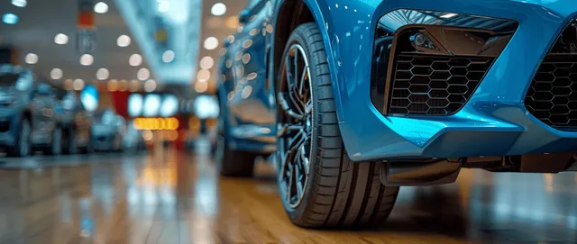 Blue SUV front wheel and grille are shown in a bright dealership showroom with blurred cars in the distance.