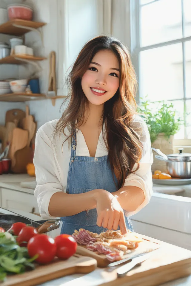 Smiling woman in a blue apron chops tomatoes and greens on a cutting board in a bright kitchen.