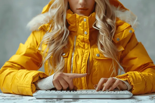 A woman in a yellow jacket types on a laptop and points with her finger at a desk in close-up.