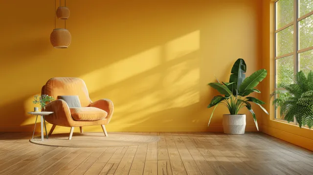 Orange armchair by yellow wall, sunlit window, potted plant, warm wooden floor 3D scene