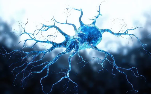 Glowing blue neuron with branching dendrites connected by faint lines on a dark blurred background.