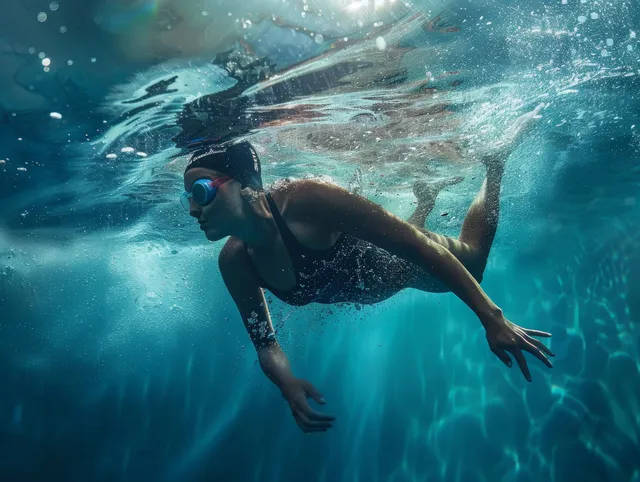 A British woman swims breaststroke underwater, surrounded by rippling water and light rays.