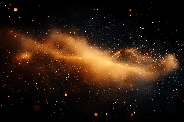 Golden dust particles swirl across a black background, forming a luminous cosmic plume with scattered glowing specks.