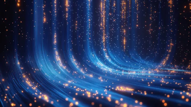 Spiral blue light trails curve through dark space with glowing orange particles streaming behind