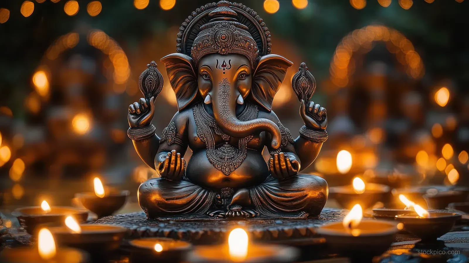 Ornate Ganesha statue kneels amid flickering oil lamps with warm bokeh lights in the background.