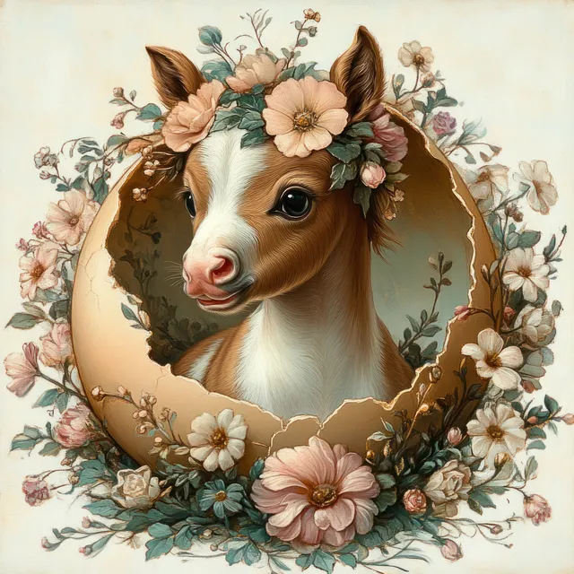 Calf peeks from a cracked eggshell wreath, crowned with pastel pink and cream flowers