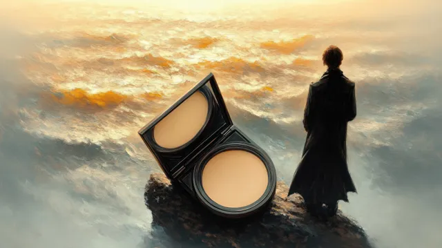 A solitary figure in a dark coat stands on rocks beside an open compact powder makeup case under stormy clouds.